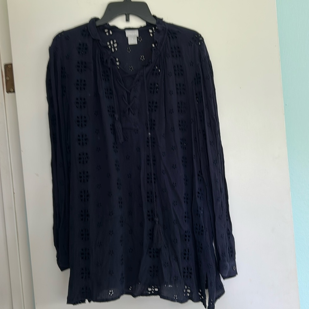 Chicos Sz 3 xLarge long sleeve pull over CollarRuffle Blouse Navy Lace Up  Top
